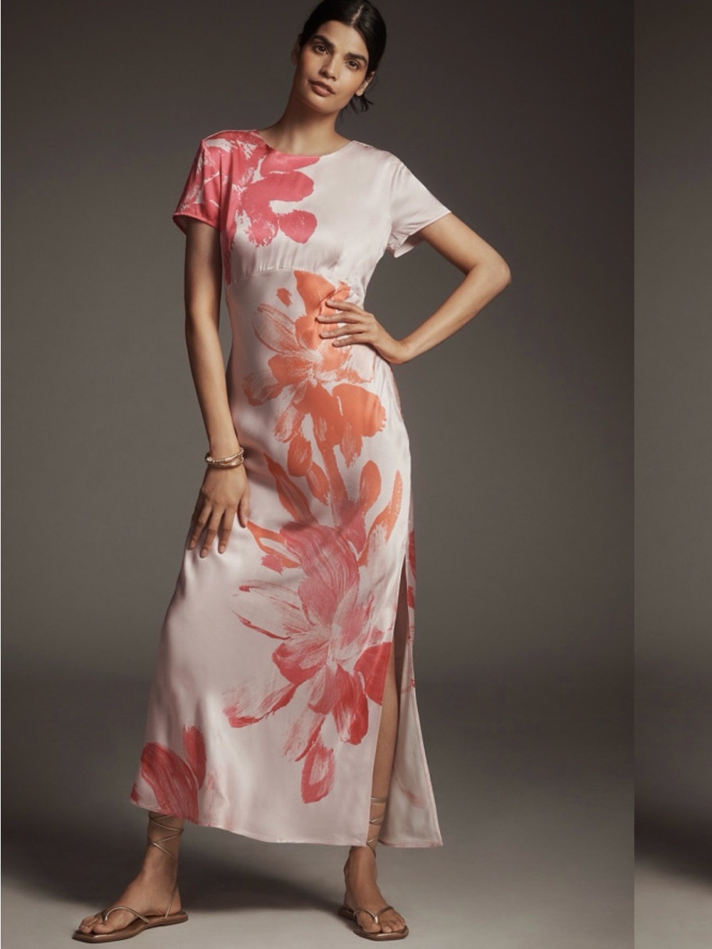 Anthropologie Pink Maxi Dress with Coral Floral Print